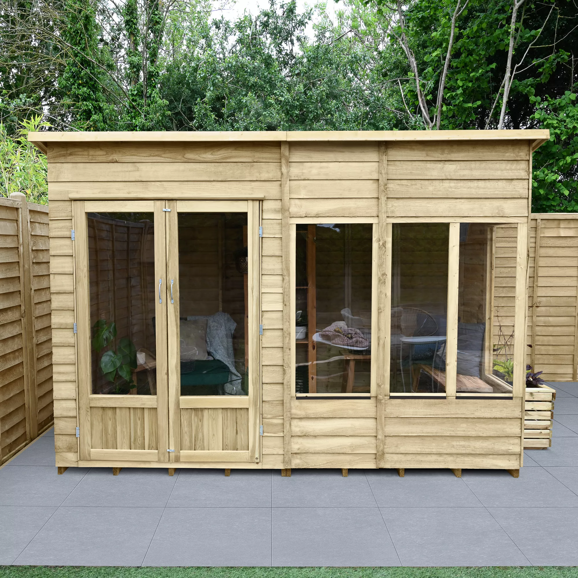 Forest Garden Oakley 10x6 Pent Overlap Solid Wood Summer House With Double Door - Assembly Service Included 1 Forest Garden Oakley 10x6 Pent Overlap Solid Wood Summer House With Double Door - Assembly Service Included