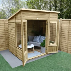 Forest Garden Oakley 7x5 Pent Overlap Solid Wood Summer House With Double Door - Assembly Service Included -Garden Tool Store forest garden oakley 7x5 pent overlap solid wood summer house with double door assembly service included5013053188514 03i bq