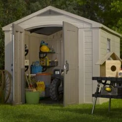 Keter Factor 8x11 Ft Apex Beige Plastic 2 Door Shed With Floor (Base Included) -Garden Tool Store keter factor 8x11 ft apex beige plastic 2 door shed with floor base included 7290103664961 02i bq