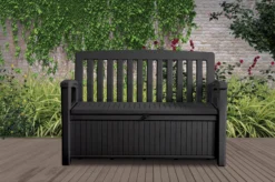 Keter Patio Wood Effect Garden Storage Bench Box - Partial Assembly Required 227L -Garden Tool Store keter patio wood effect garden storage bench box partial assembly required 227l7290112634825 01i bq