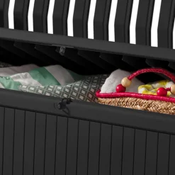 Keter Patio Wood Effect Garden Storage Bench Box - Partial Assembly Required 227L -Garden Tool Store keter patio wood effect garden storage bench box partial assembly required 227l7290112634825 06c bq